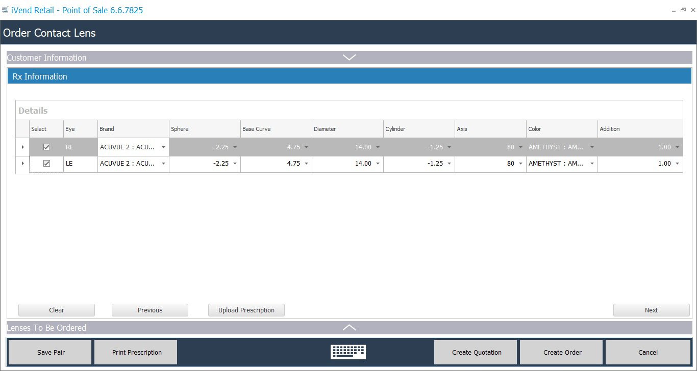 Order Screen for Contact Lens